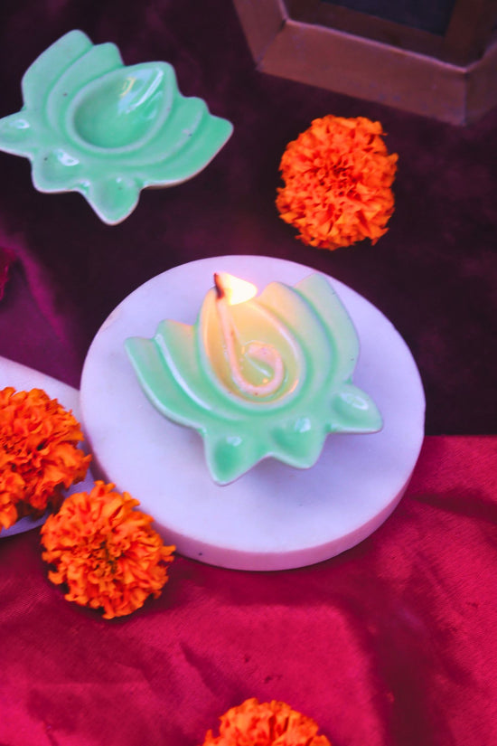 Set of 4 - Green Lotus Diya