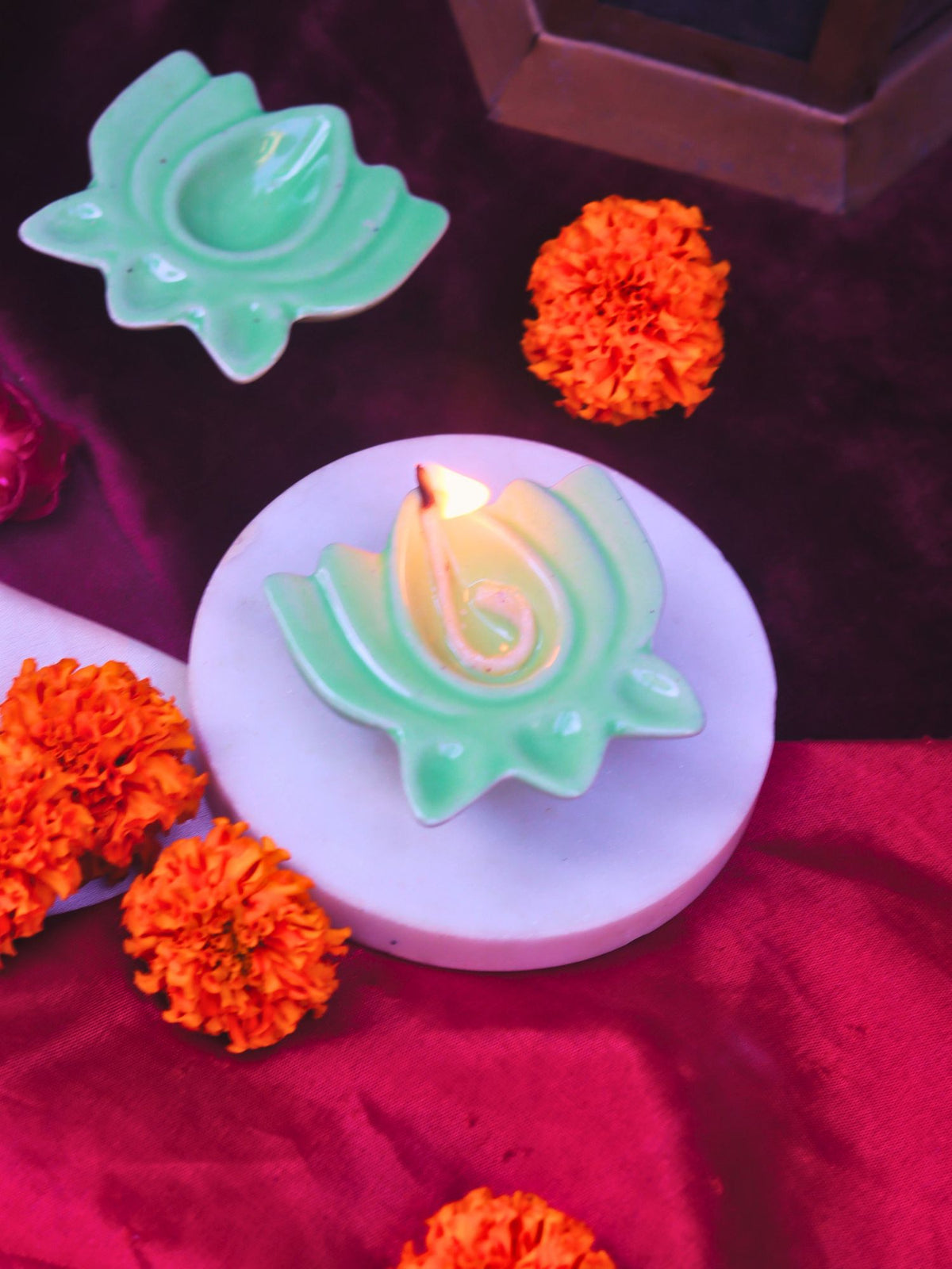 Set of 4 - Green Lotus Diya