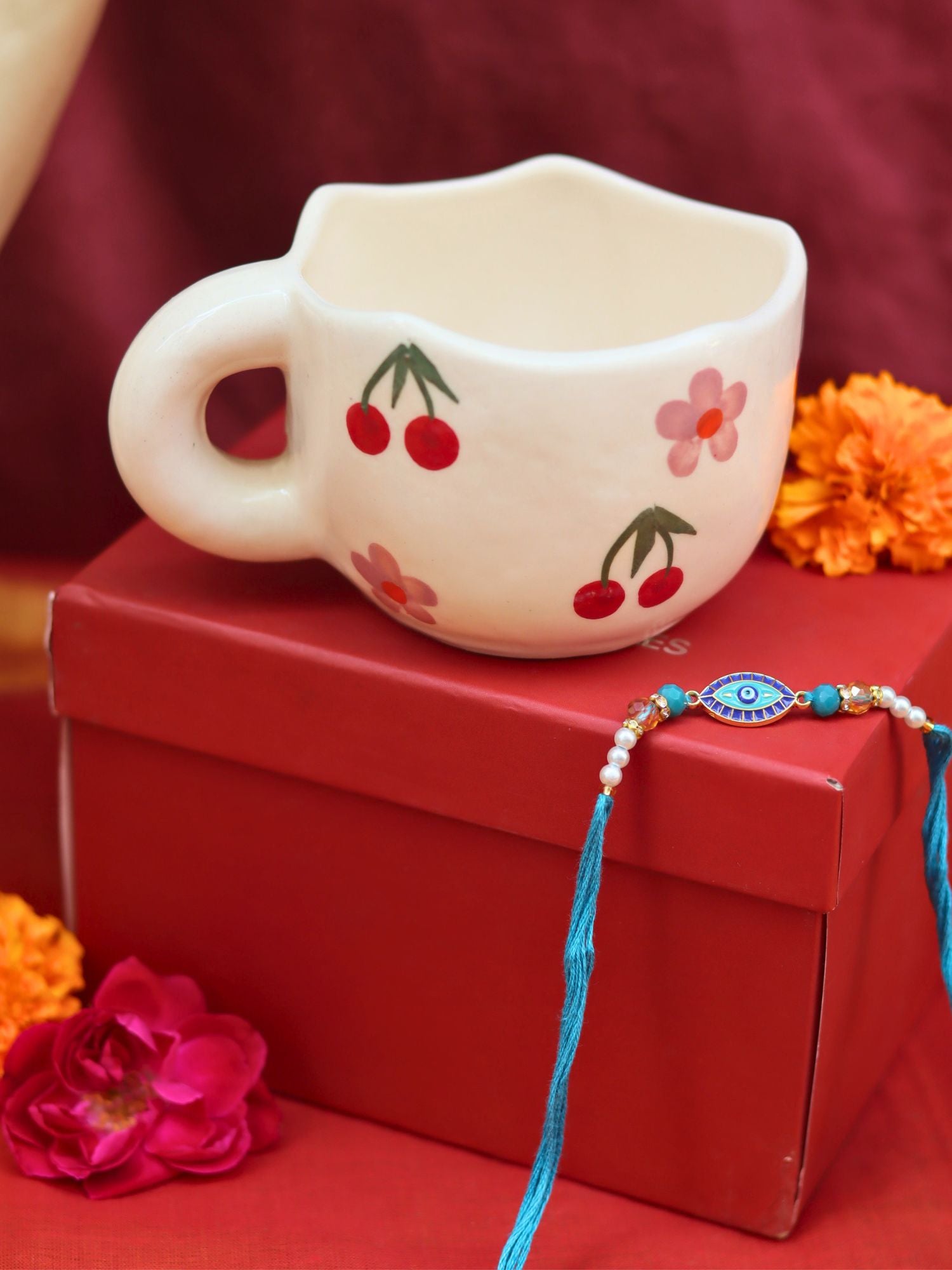 Cherry Fields Mug Rakhi Gift Box handmade in india