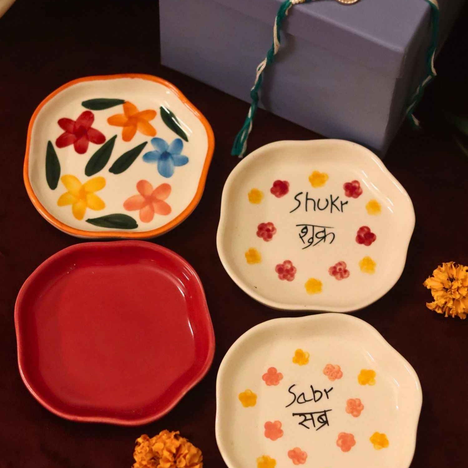 Set of 4 - Red, Sabr, Shukr & Brightday handmade dessert plate combo Rakhi Gift box