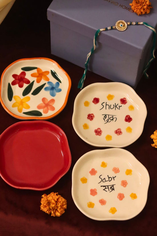 Set of 4 - Red, Sabr, Shukr & Brightday handmade dessert plate combo Rakhi Gift box made by ceramic