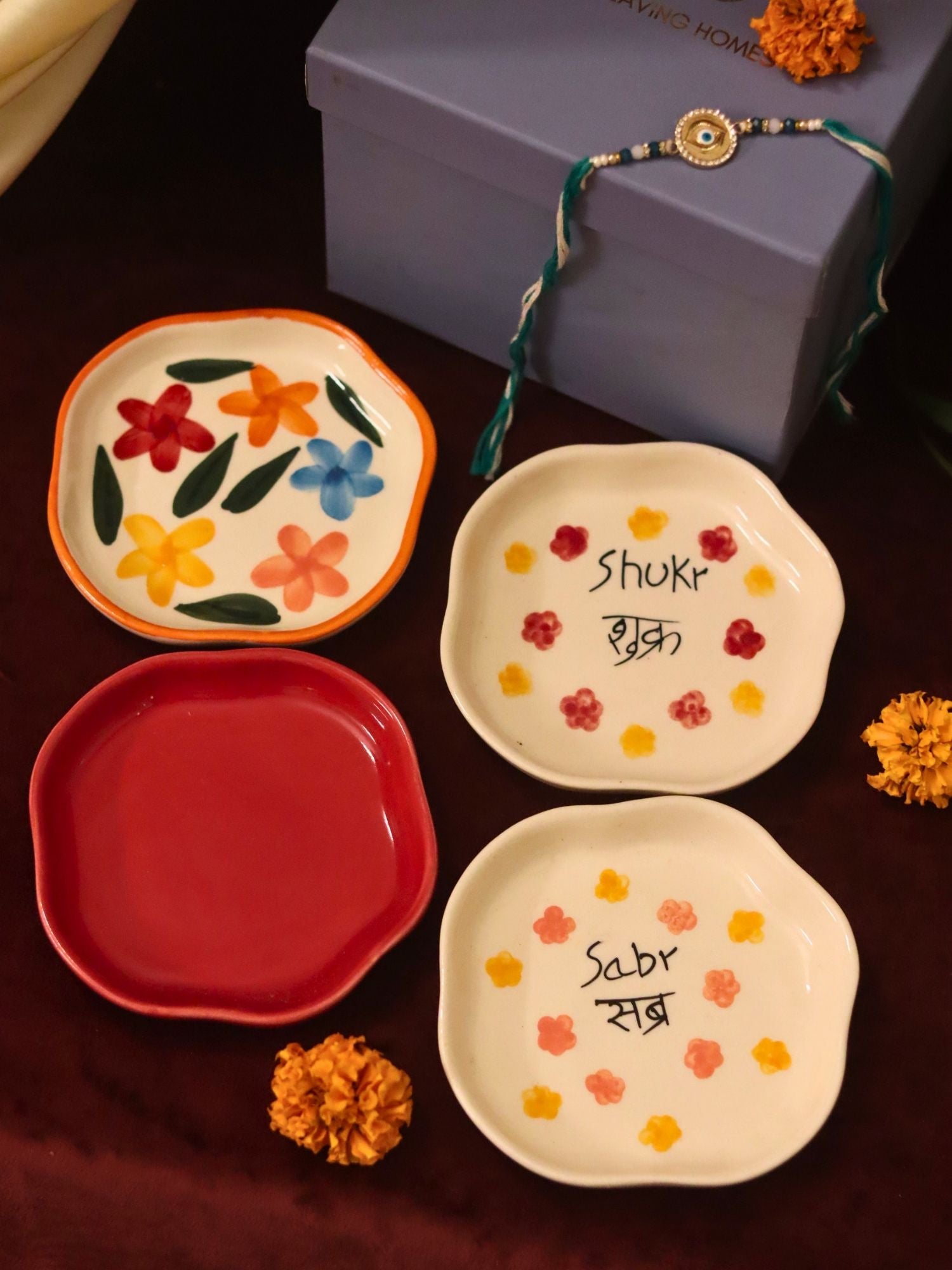 Set of 4 - Red, Sabr, Shukr & Brightday handmade dessert plate combo Rakhi Gift box made by ceramic