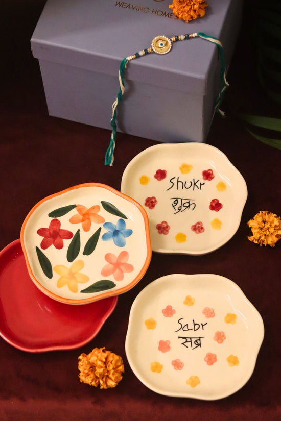Set of 4 - Red, Sabr, Shukr & Brightday handmade dessert plate combo Rakhi Gift box with premium quality material