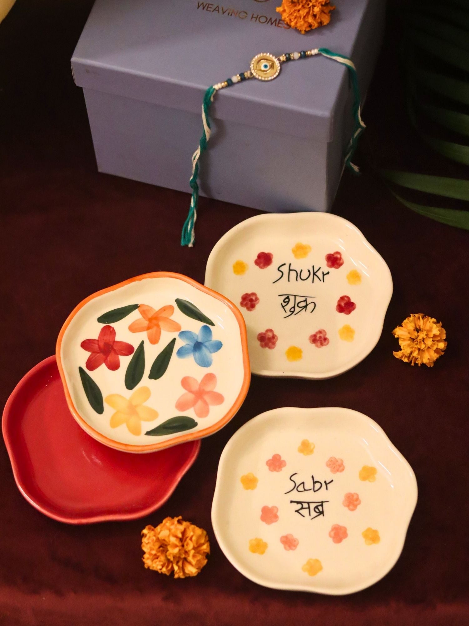 Set of 4 - Red, Sabr, Shukr & Brightday handmade dessert plate combo Rakhi Gift box with premium quality material