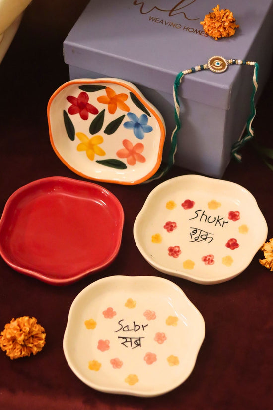 Set of 4 - Red, Sabr, Shukr & Brightday handmade dessert plate combo Rakhi Gift box handmade in India