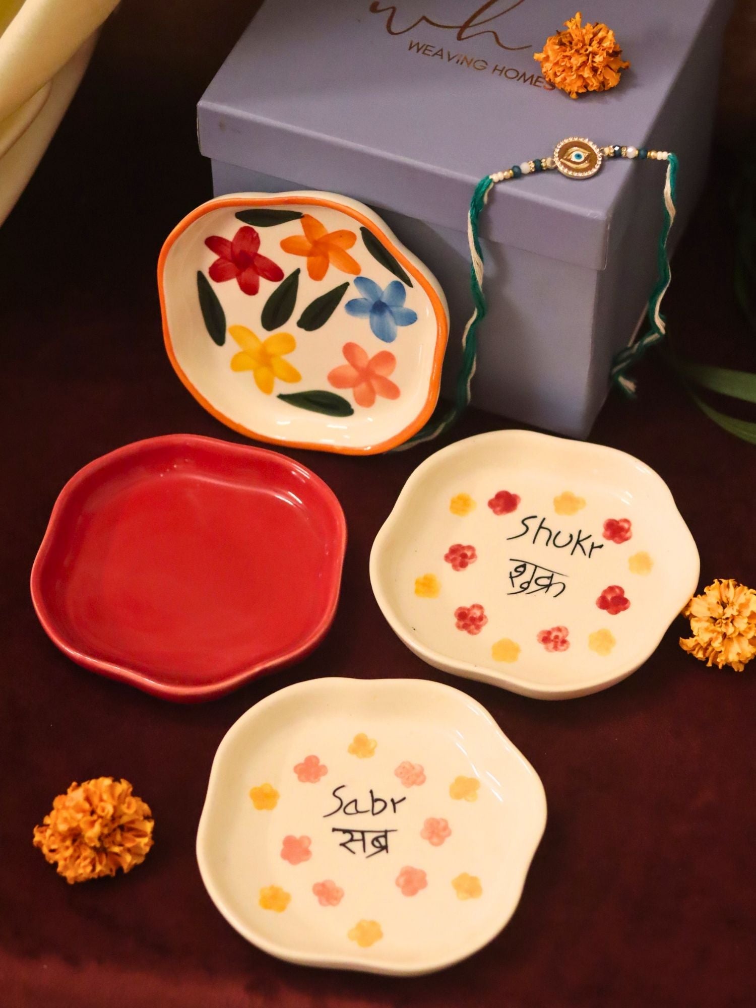 Set of 4 - Red, Sabr, Shukr & Brightday handmade dessert plate combo Rakhi Gift box handmade in India