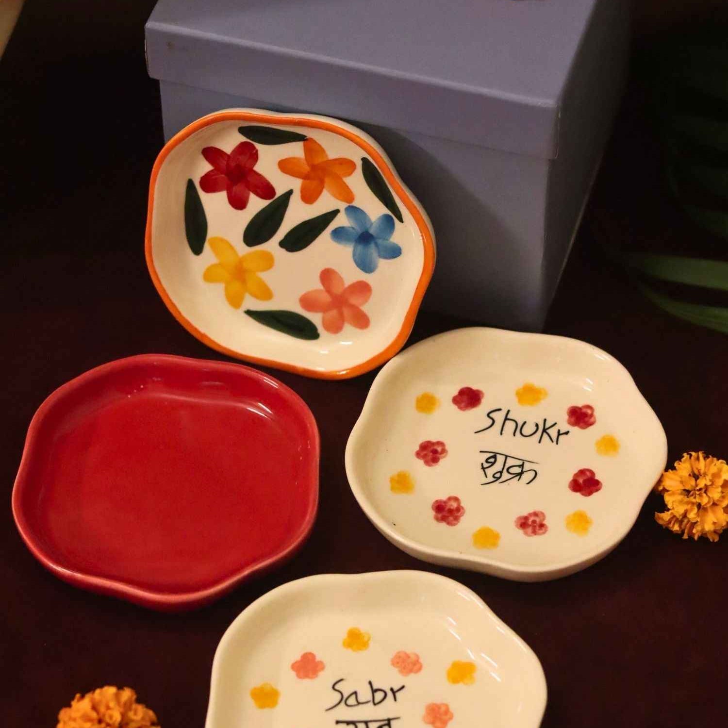 Set of 4 - Red, Sabr, Shukr & Brightday handmade dessert plate combo in a Gift box