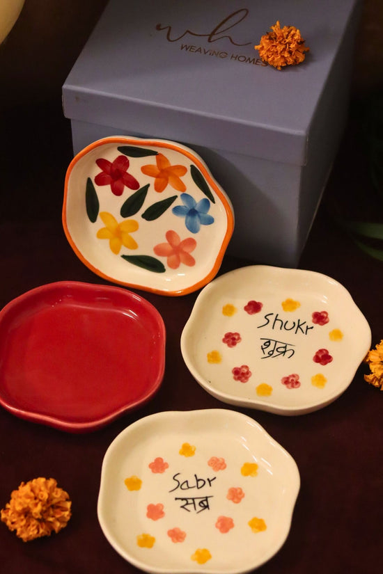 Handmade lead free Set of 4 - Red, Sabr, Shukr & Brightday handmade dessert plate combo in a Gift box