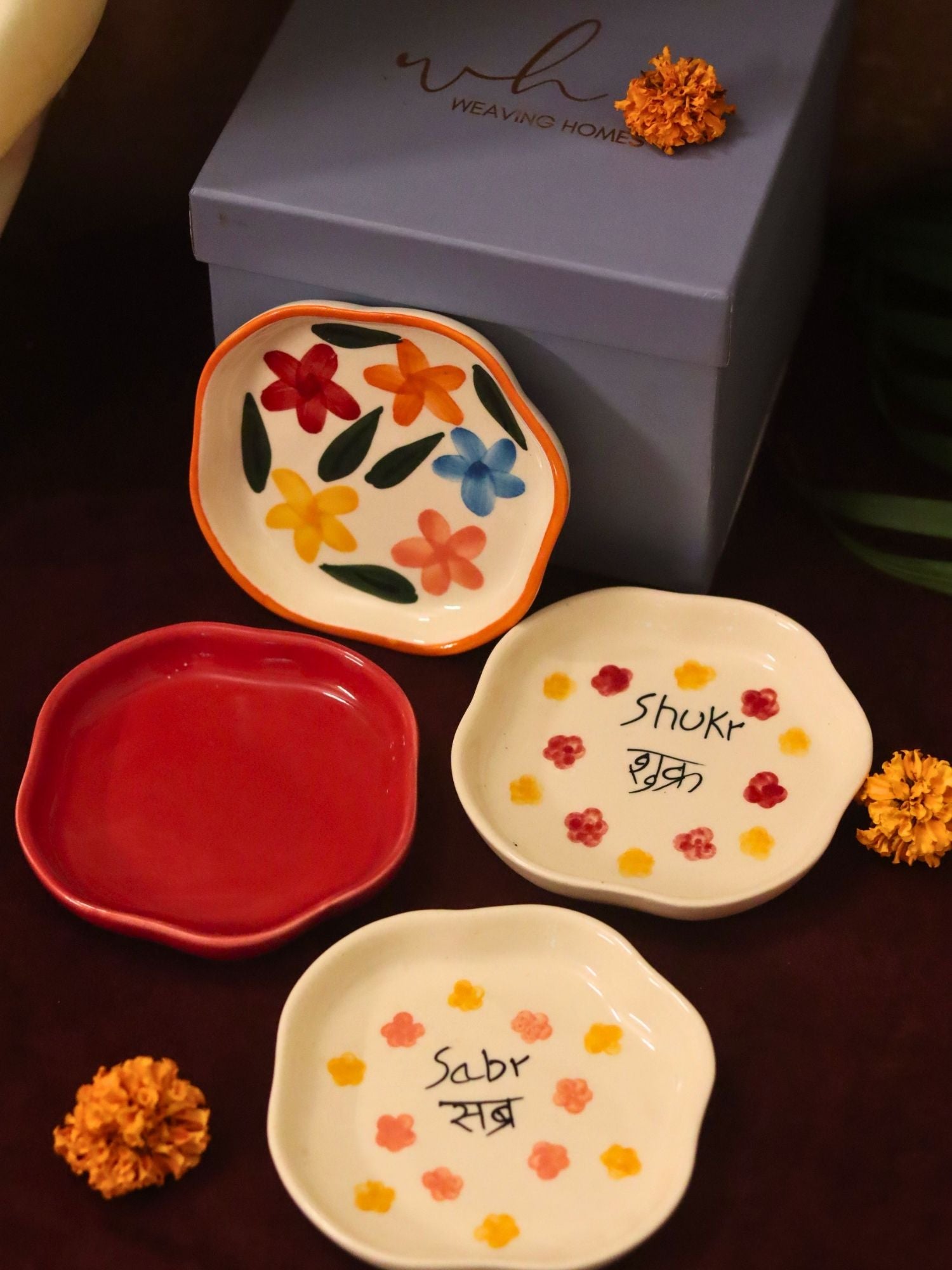 Handmade lead free Set of 4 - Red, Sabr, Shukr & Brightday handmade dessert plate combo in a Gift box
