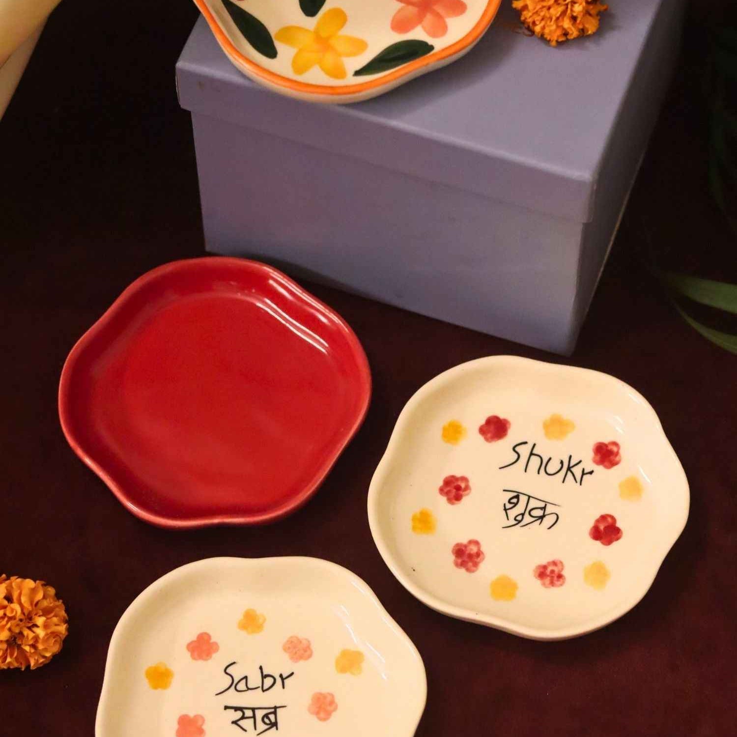 Set of 4 - Red, Sabr, Shukr & Brightday handmade dessert plate combo in a Gift box