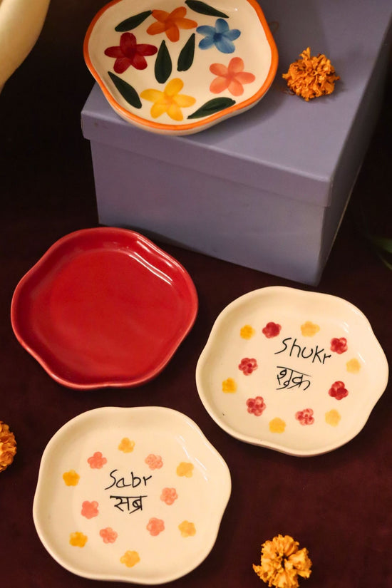 Set of 4 - Red, Sabr, Shukr & Brightday handmade dessert plate combo in a Gift box made by ceramic