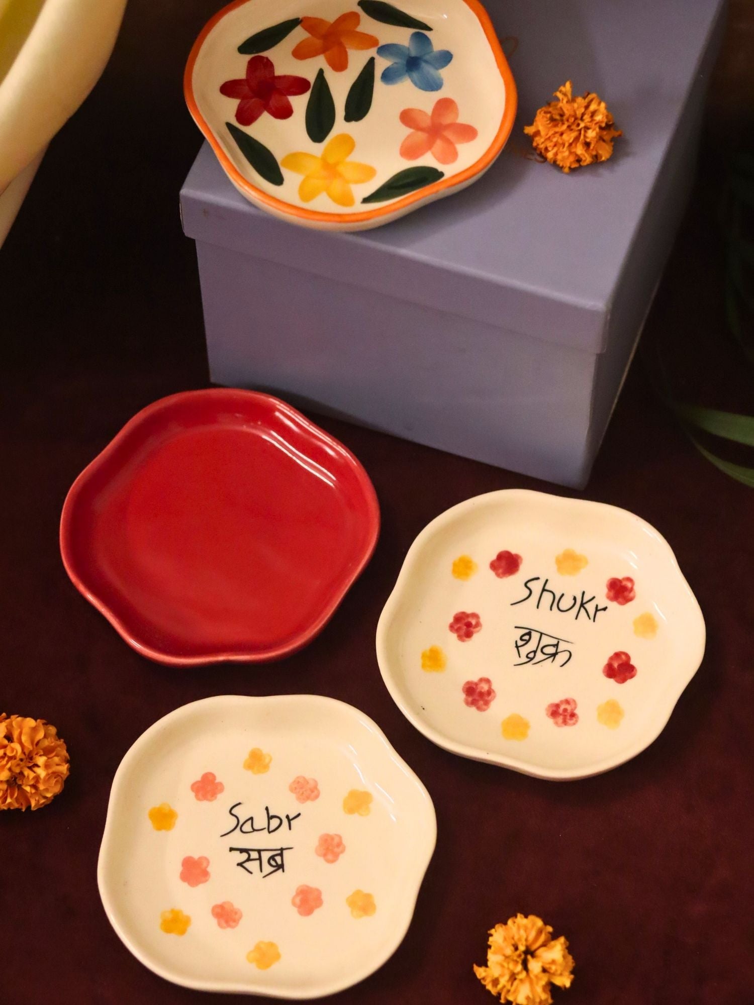 Set of 4 - Red, Sabr, Shukr & Brightday handmade dessert plate combo in a Gift box made by ceramic