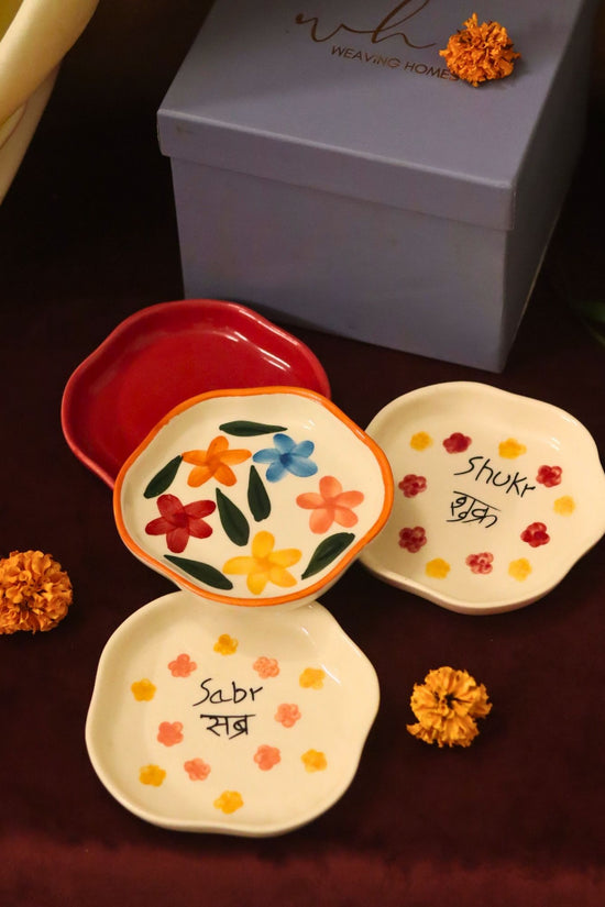Set of 4 - Red, Sabr, Shukr & Brightday handmade dessert plate combo in a Gift box with premium quality material