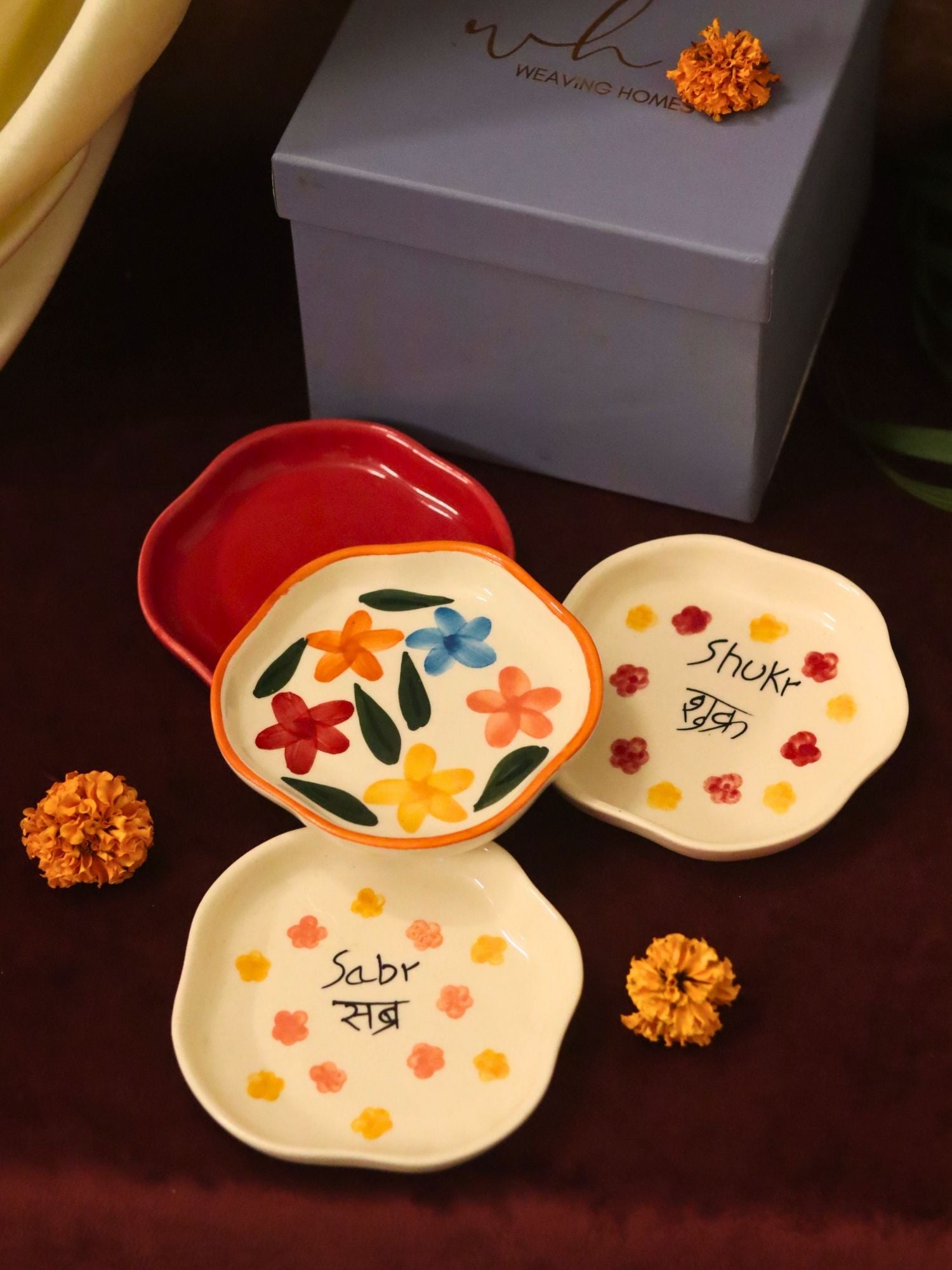 Set of 4 - Red, Sabr, Shukr & Brightday handmade dessert plate combo in a Gift box with premium quality material