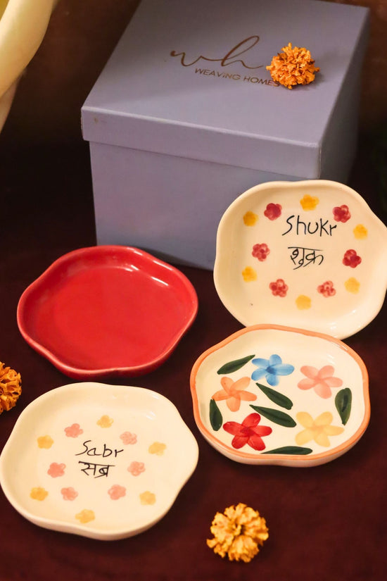 Set of 4 - Red, Sabr, Shukr & Brightday handmade dessert plate combo in a Gift box handmade in India