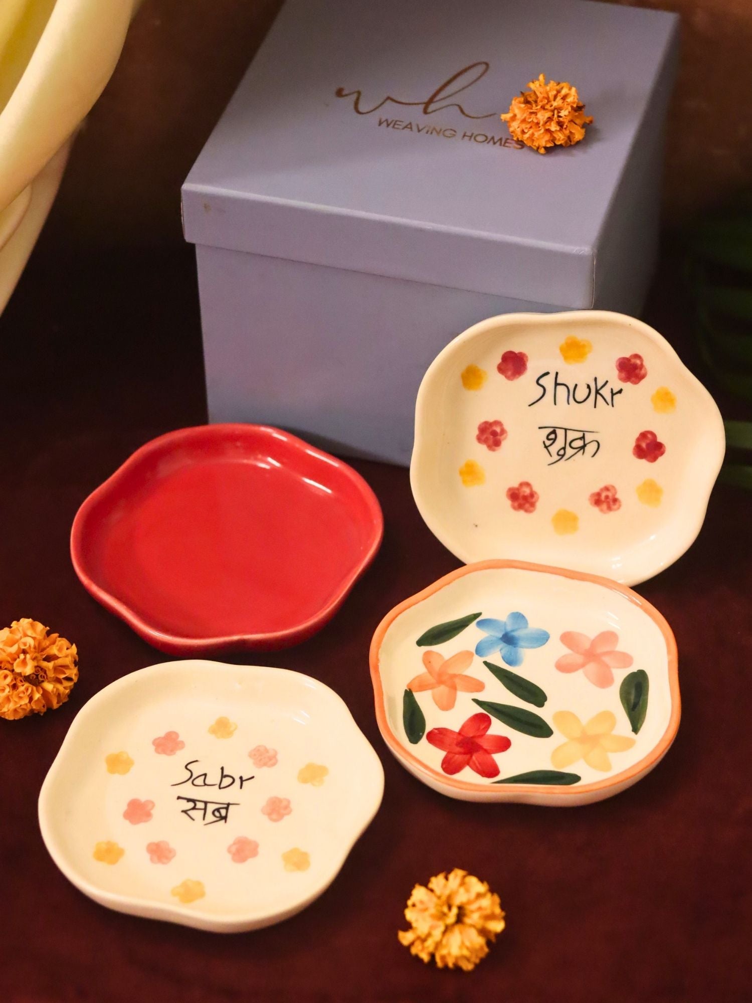 Set of 4 - Red, Sabr, Shukr & Brightday handmade dessert plate combo in a Gift box handmade in India