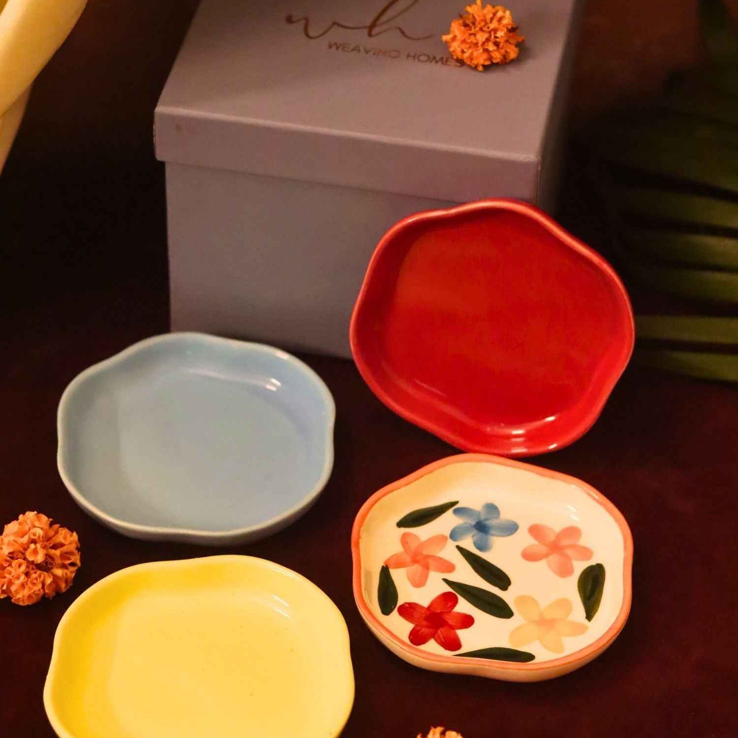 Set of 4 - Red, Brightday, Sunshine yellow & Ocean Blue handmade dessert plate combo in a Gift box