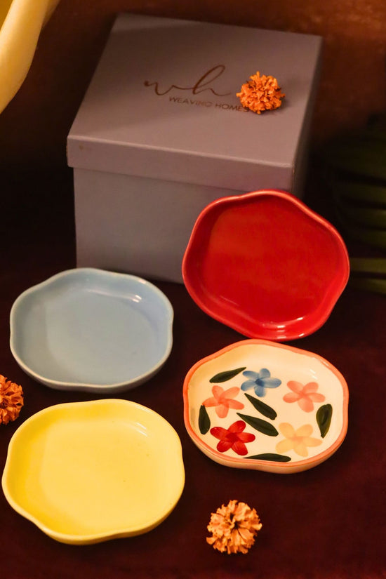 Handmade lead free Set of 4 - Red, Brightday, Sunshine yellow & Ocean Blue handmade dessert plate combo in a Gift box