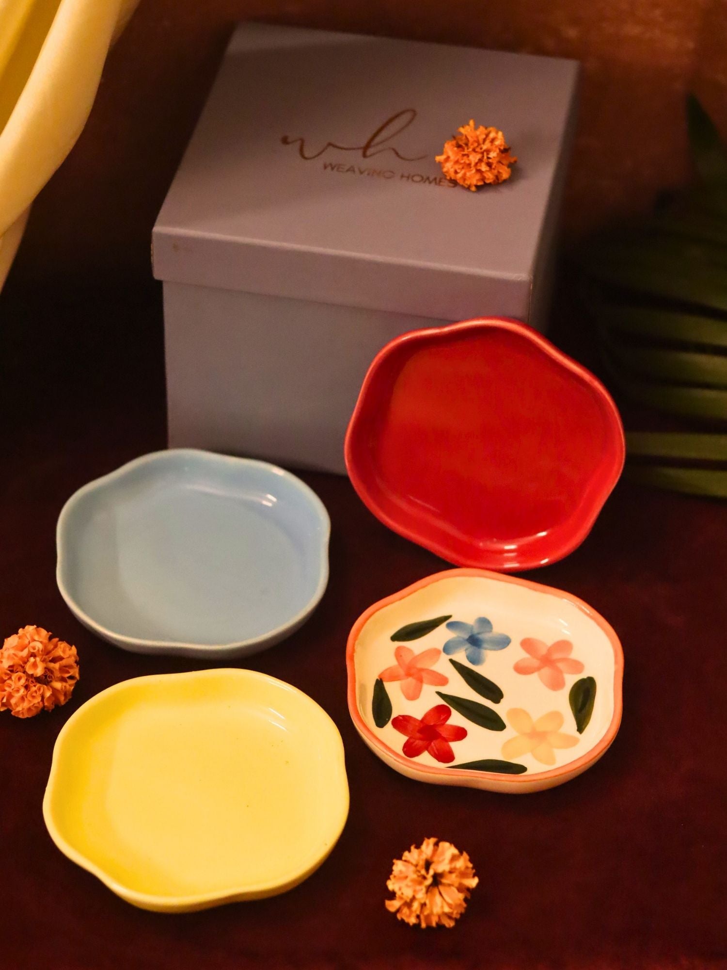 Handmade lead free Set of 4 - Red, Brightday, Sunshine yellow & Ocean Blue handmade dessert plate combo in a Gift box