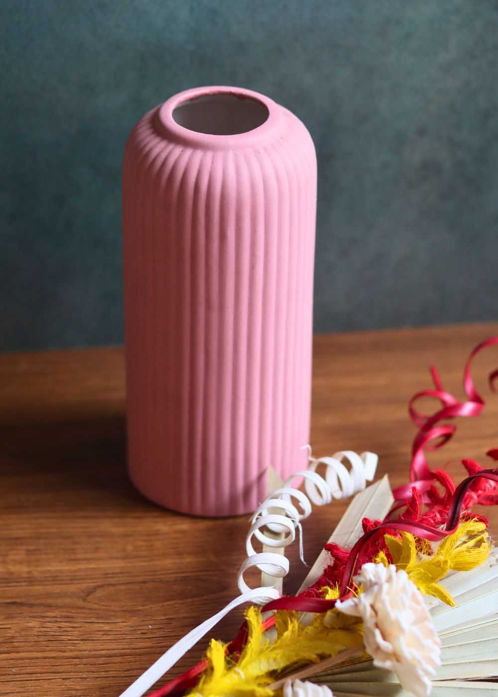 pink ribbed vase with Assorted bunch handmade in india