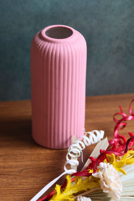 pink ribbed vase with Assorted bunch handmade in india