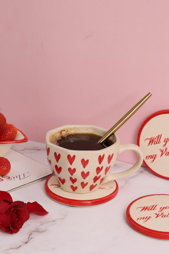 handmade heart mug with will you be my coaster for your loved one .