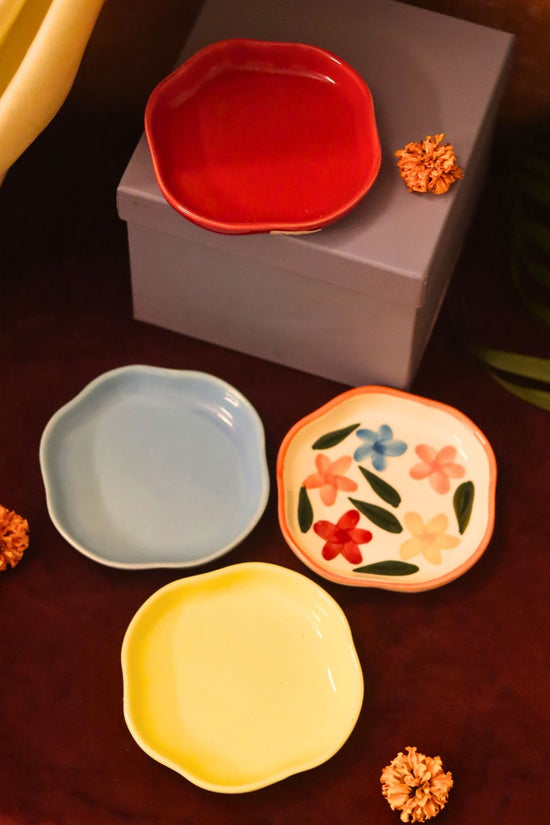 Set of 4 - Red, Brightday, Sunshine yellow & Ocean Blue handmade dessert plate combo in a Gift box mad by ceramic