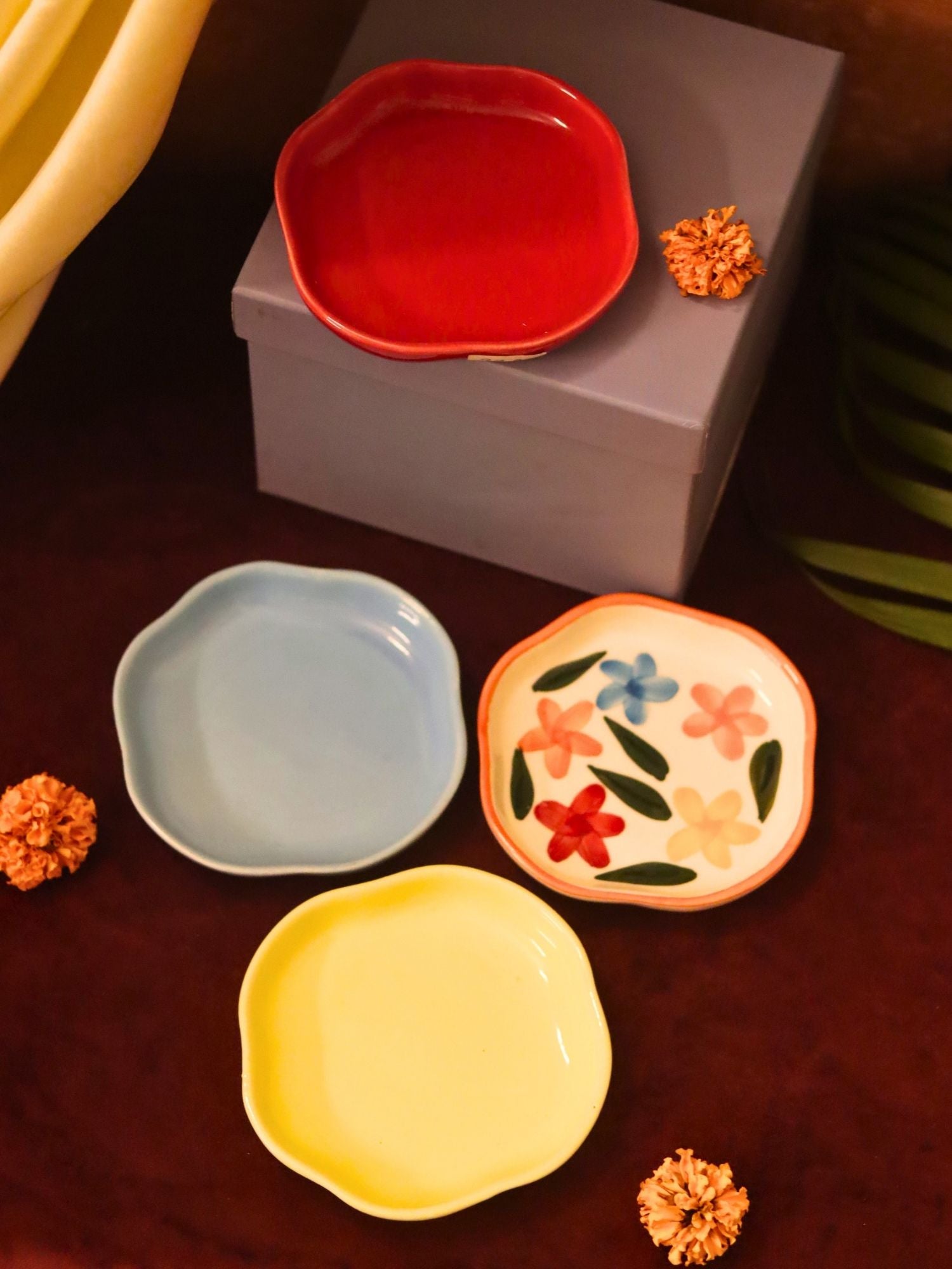 Set of 4 - Red, Brightday, Sunshine yellow & Ocean Blue handmade dessert plate combo in a Gift box mad by ceramic