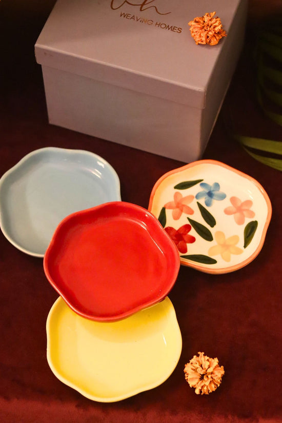 Set of 4 - Red, Brightday, Sunshine yellow & Ocean Blue handmade dessert plate combo in a Gift box with premium quality material