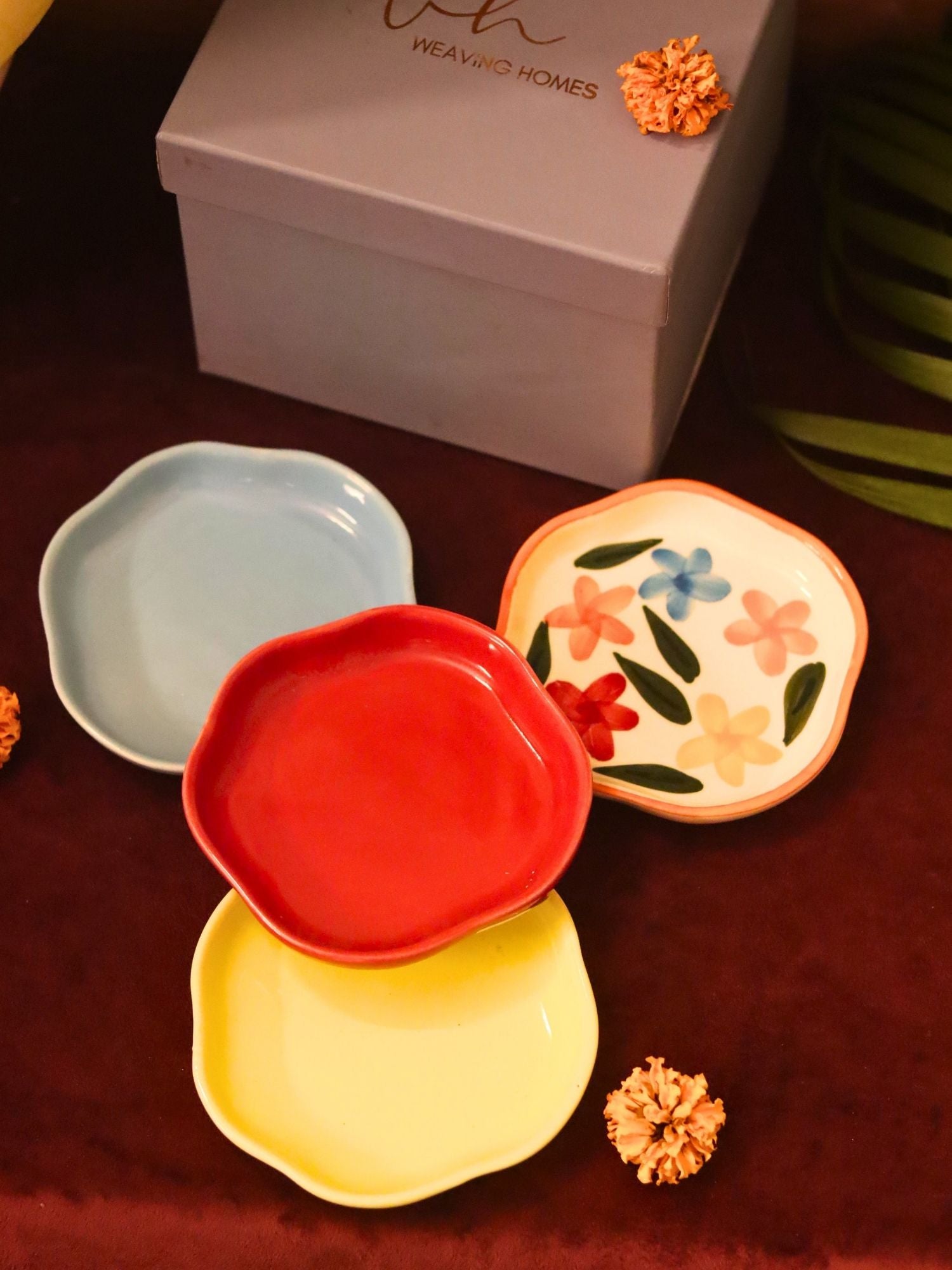 Set of 4 - Red, Brightday, Sunshine yellow & Ocean Blue handmade dessert plate combo in a Gift box with premium quality material