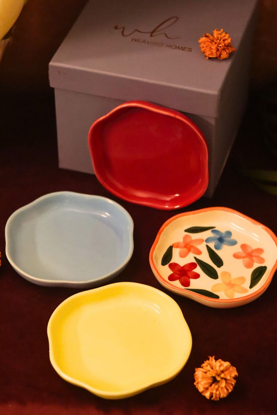Set of 4 - Red, Brightday, Sunshine yellow & Ocean Blue handmade dessert plate combo in a Gift box handmade in India