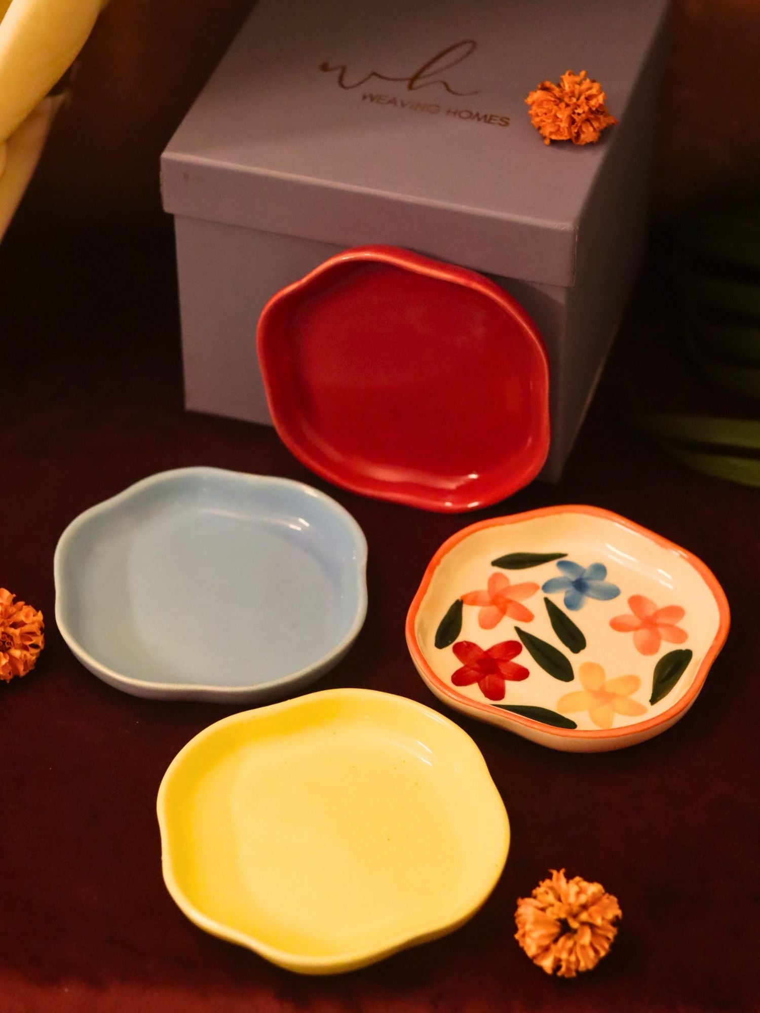 Set of 4 - Red, Brightday, Sunshine yellow & Ocean Blue handmade dessert plate combo in a Gift box handmade in India