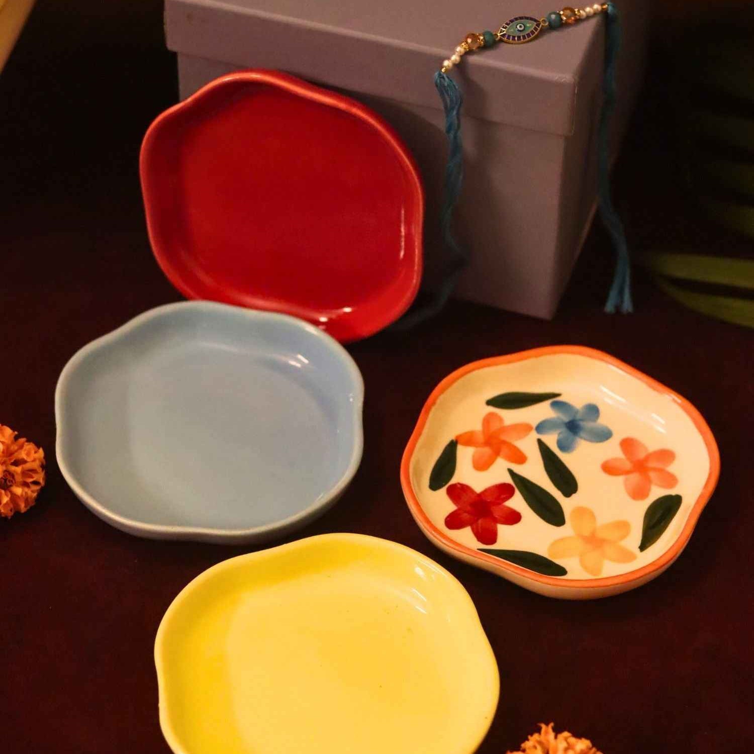 Set of 4 - Red, Brightday, Sunshine yellow & Ocean Blue handmade dessert plate combo Rakhi Gift box