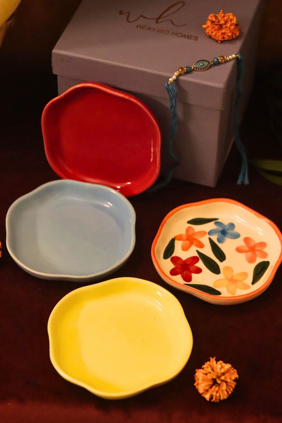 Handmade lead free Set of 4 - Red, Brightday, Sunshine yellow & Ocean Blue handmade dessert plate combo Rakhi Gift box