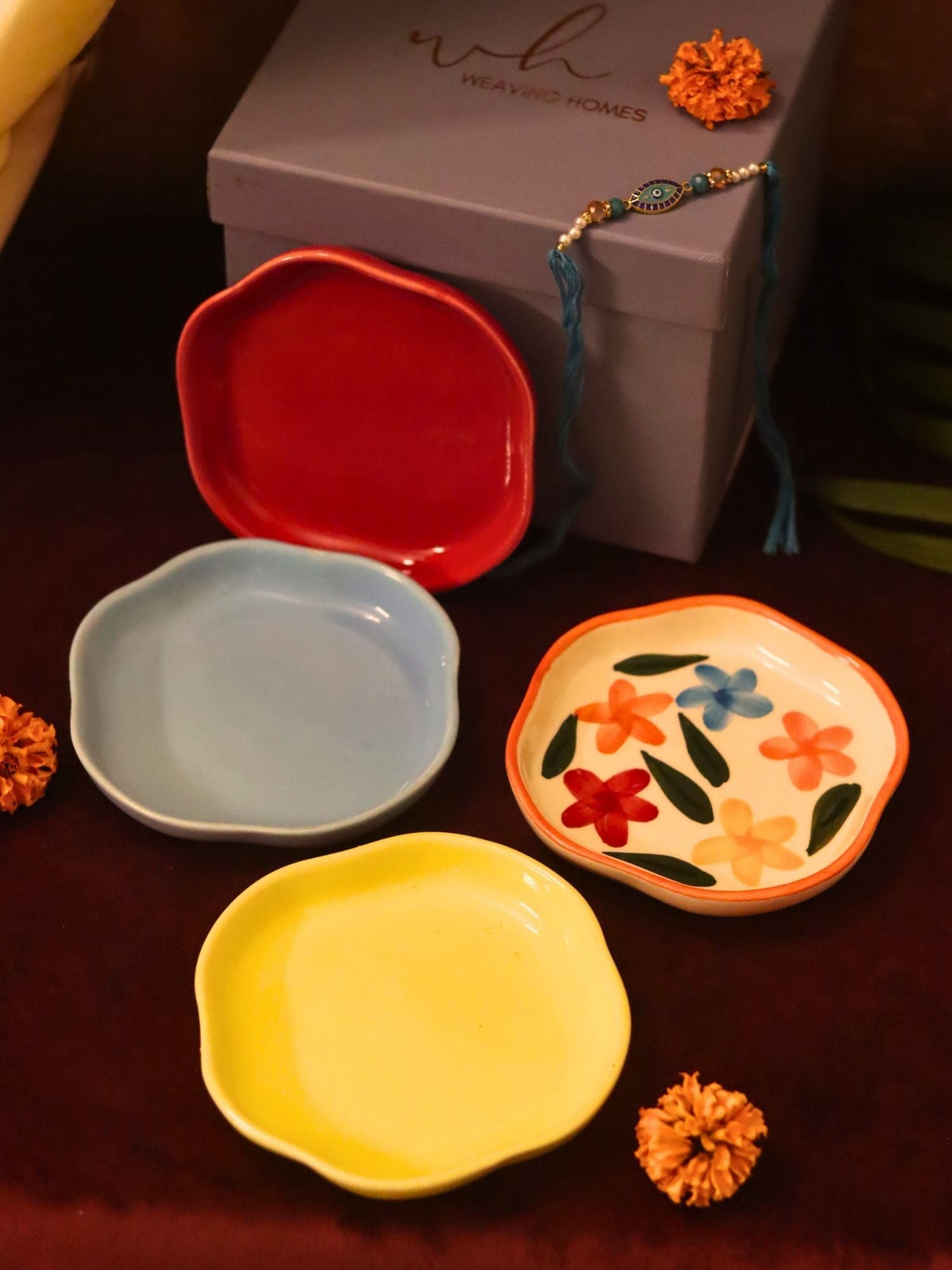 Handmade lead free Set of 4 - Red, Brightday, Sunshine yellow & Ocean Blue handmade dessert plate combo Rakhi Gift box