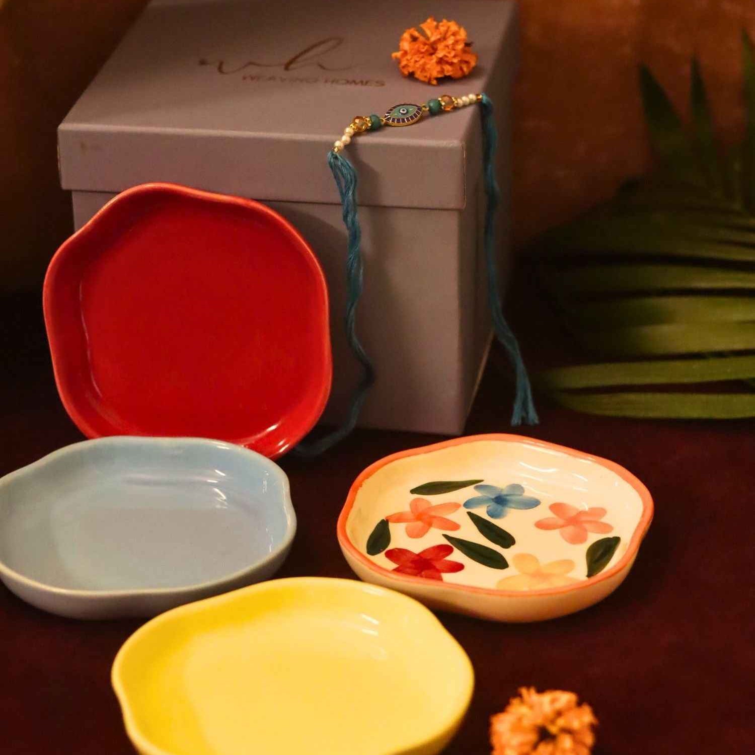Set of 4 - Red, Brightday, Sunshine yellow & Ocean Blue handmade dessert plate combo Rakhi Gift box