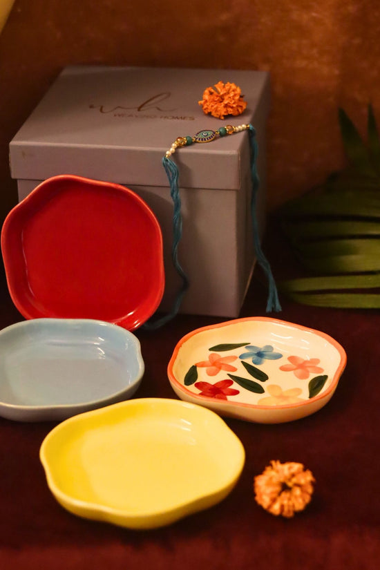 Set of 4 - Red, Brightday, Sunshine yellow & Ocean Blue handmade dessert plate combo Rakhi Gift box  made by ceramic 