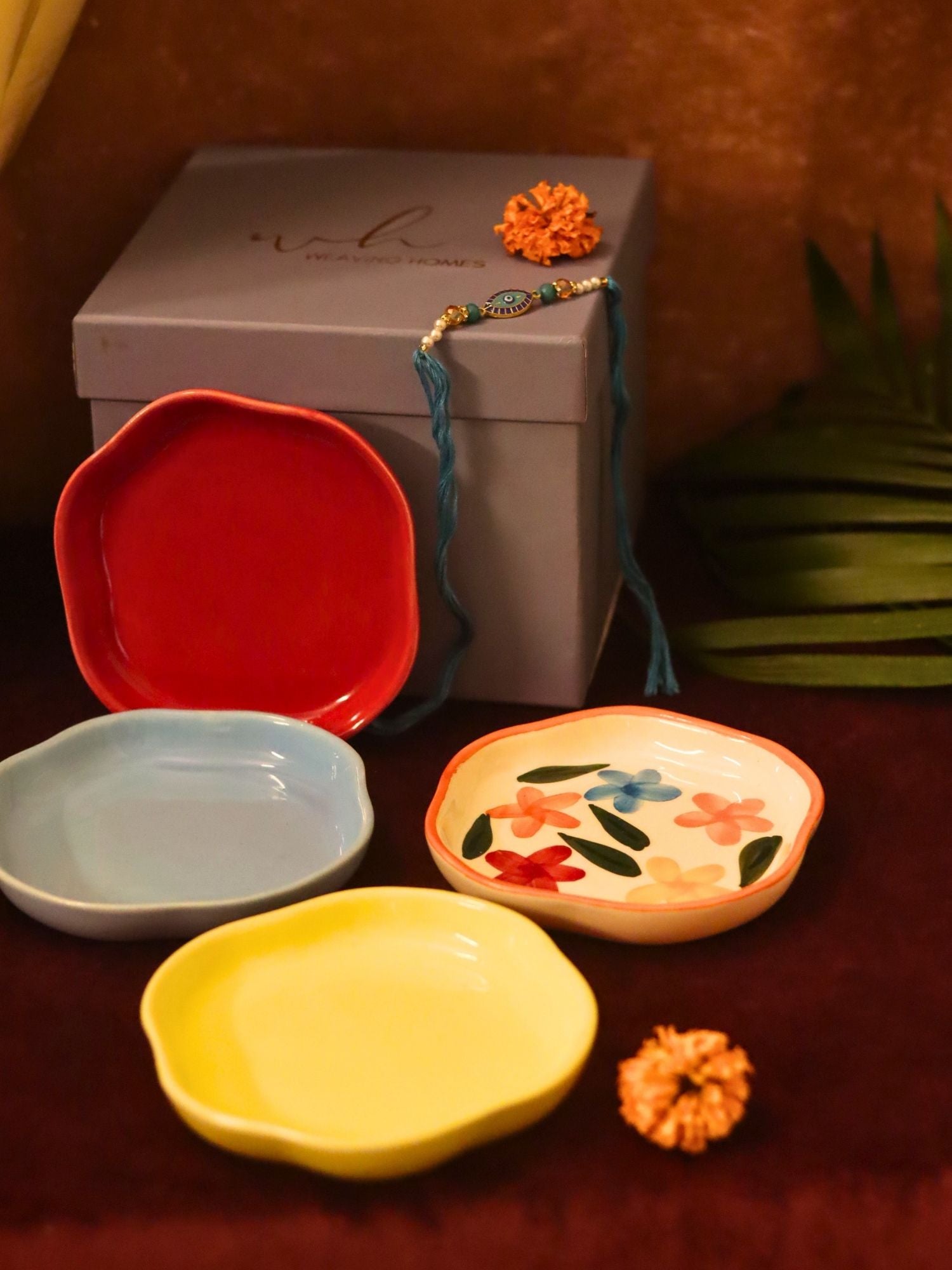 Set of 4 - Red, Brightday, Sunshine yellow & Ocean Blue handmade dessert plate combo Rakhi Gift box  made by ceramic 