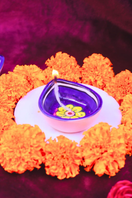 Set of 4 - Blue Yellow Floral Diya