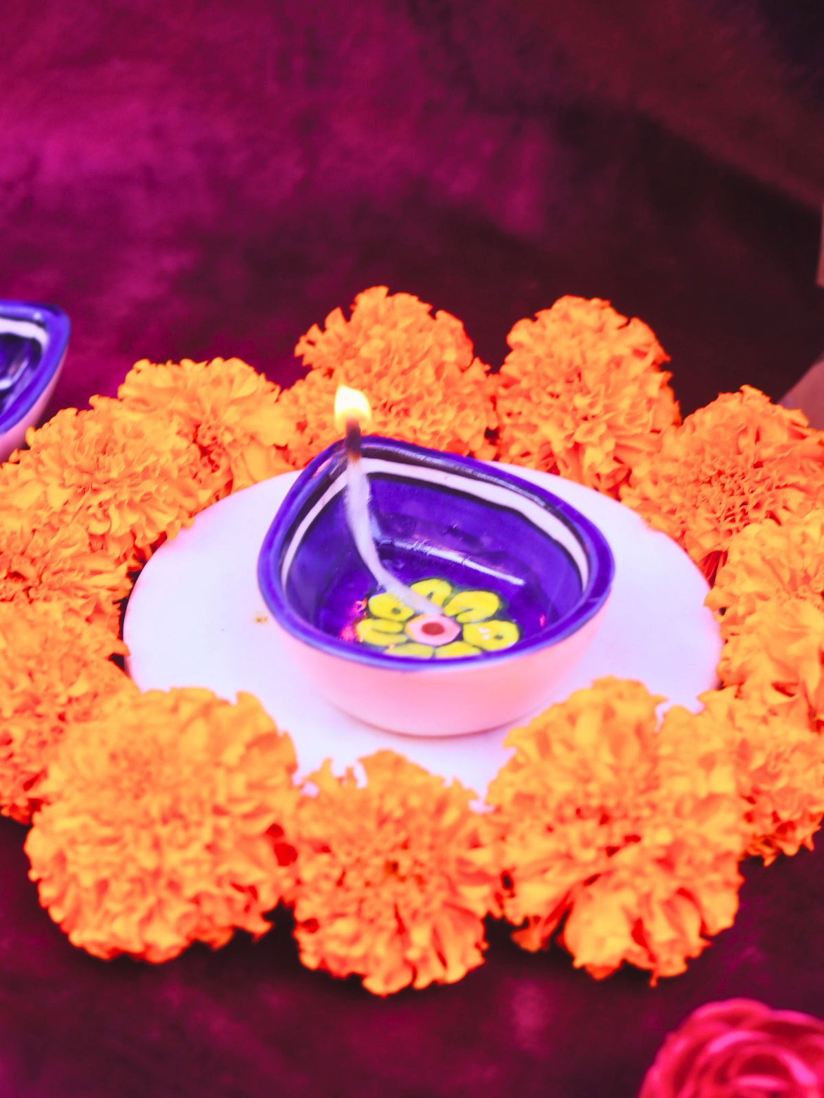 Set of 4 - Blue Yellow Floral Diya