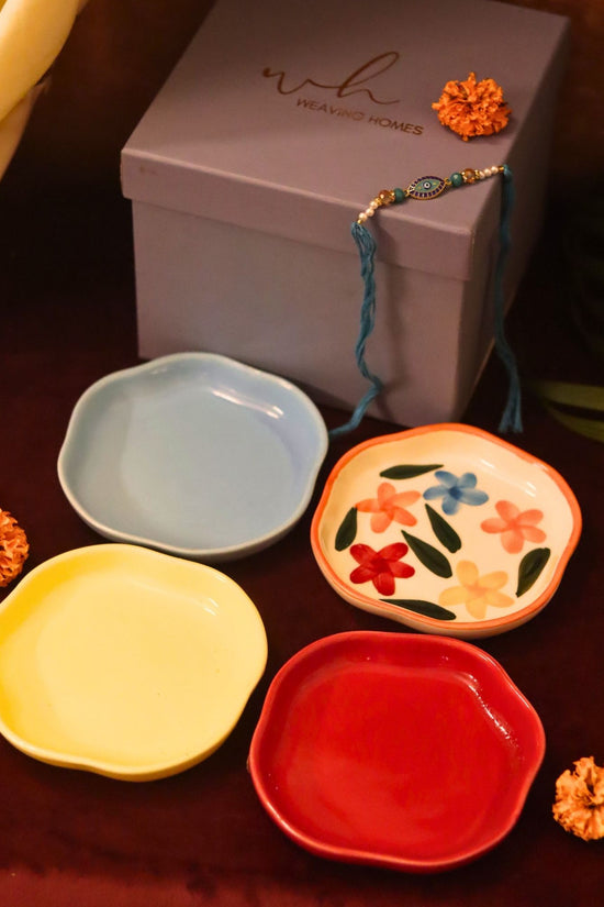 Set of 4 - Red, Brightday, Sunshine yellow & Ocean Blue handmade dessert plate combo Rakhi Gift box with premium quality material