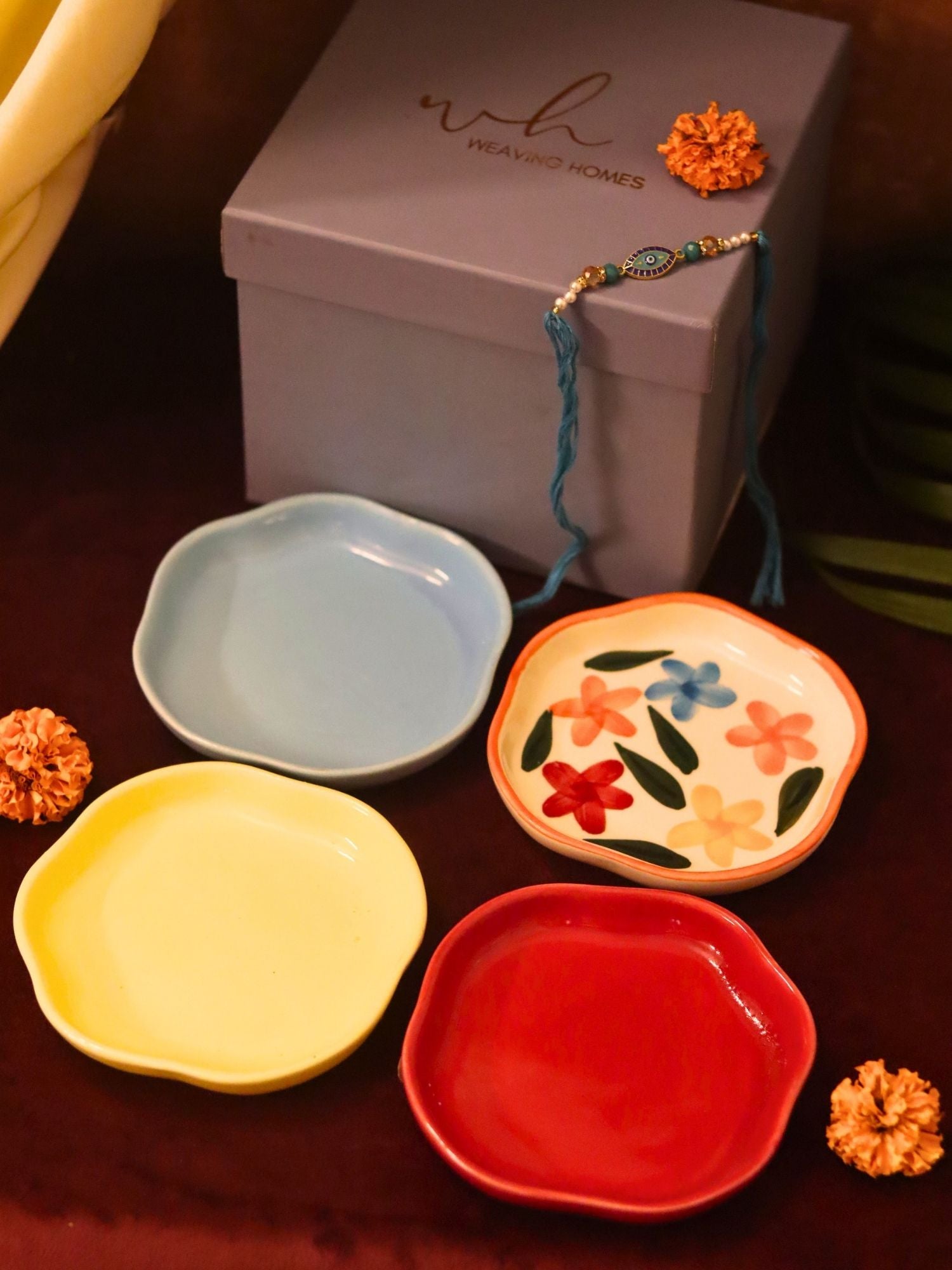 Set of 4 - Red, Brightday, Sunshine yellow & Ocean Blue handmade dessert plate combo Rakhi Gift box with premium quality material