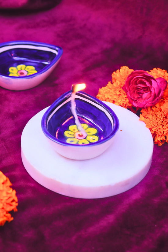 Set of 4 - Blue Yellow Floral Diya