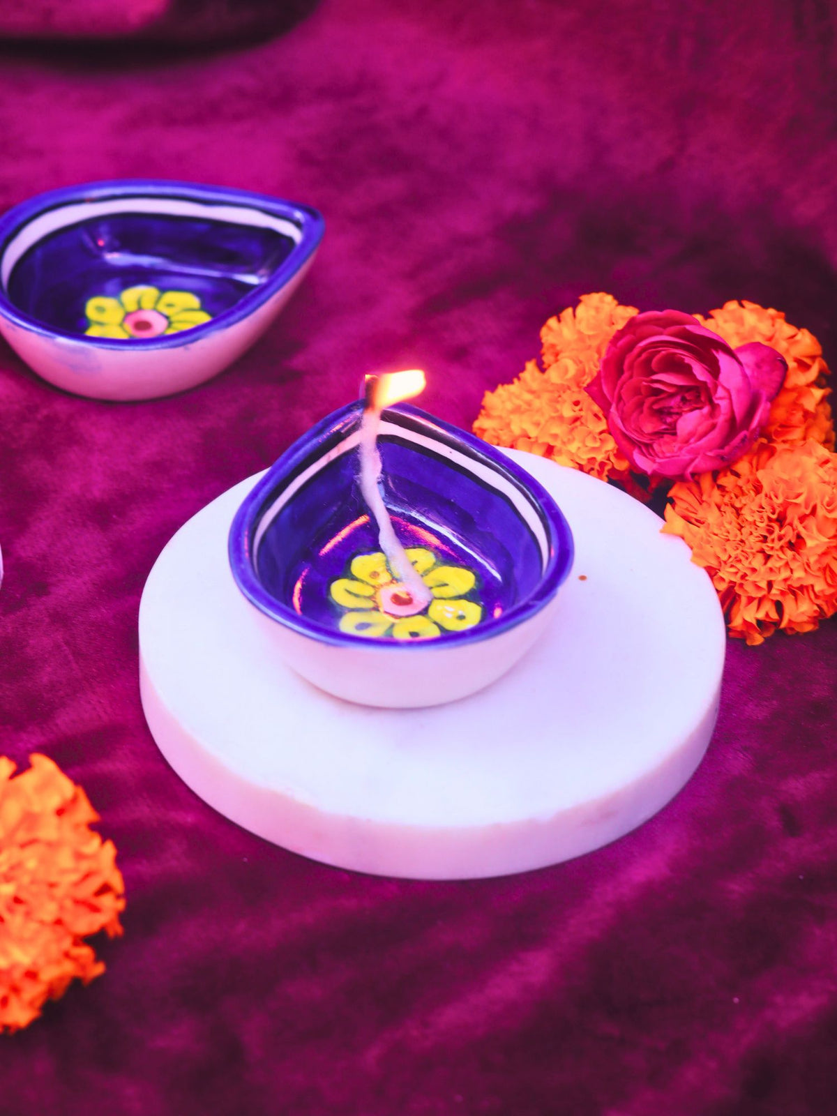 Set of 4 - Blue Yellow Floral Diya