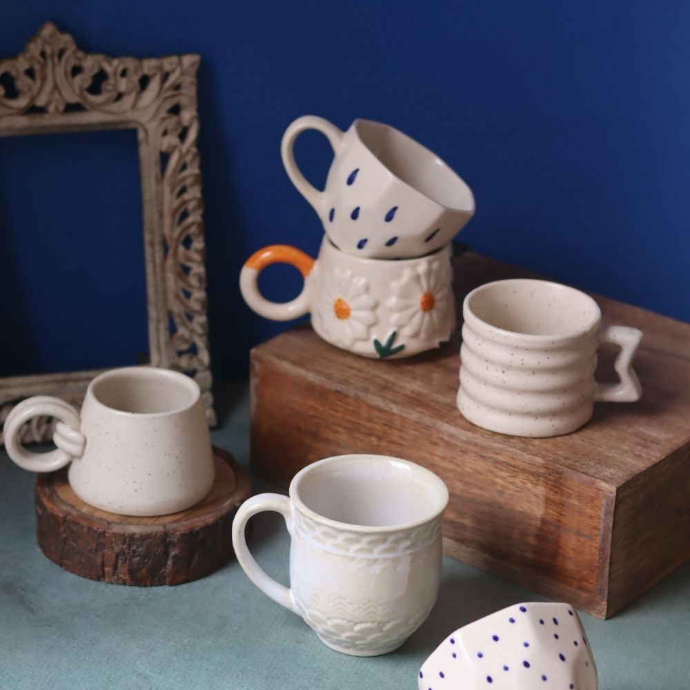 Handmade Set of 6 White & Beige Mugs (for the price of 5)