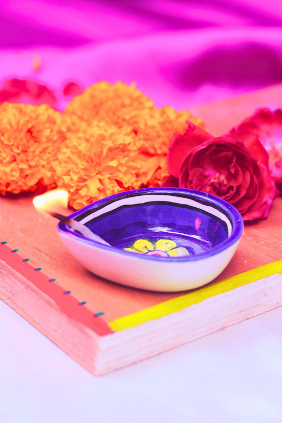 Set of 4 - Blue Yellow Floral Diya