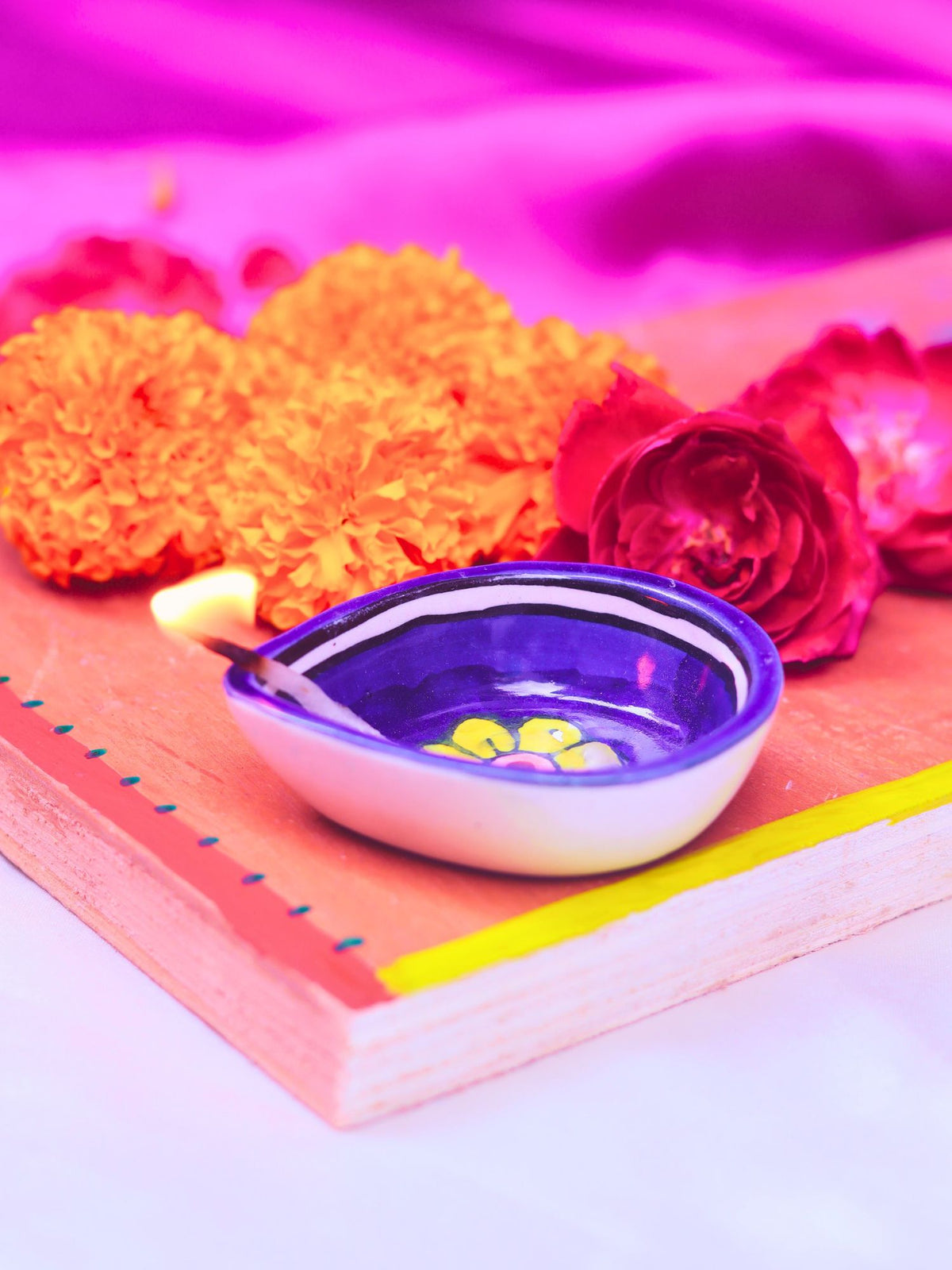 Set of 4 - Blue Yellow Floral Diya