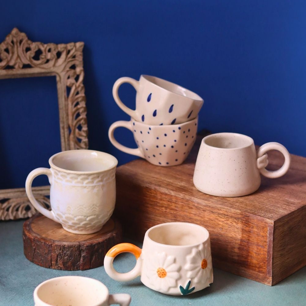 Set of 6 White & Beige Mugs (for the price of 5) made by ceramic