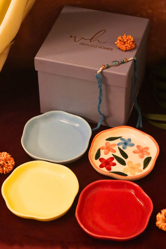 Set of 4 - Red, Brightday, Sunshine yellow & Ocean Blue handmade dessert plate combo Rakhi Gift box handmade in India