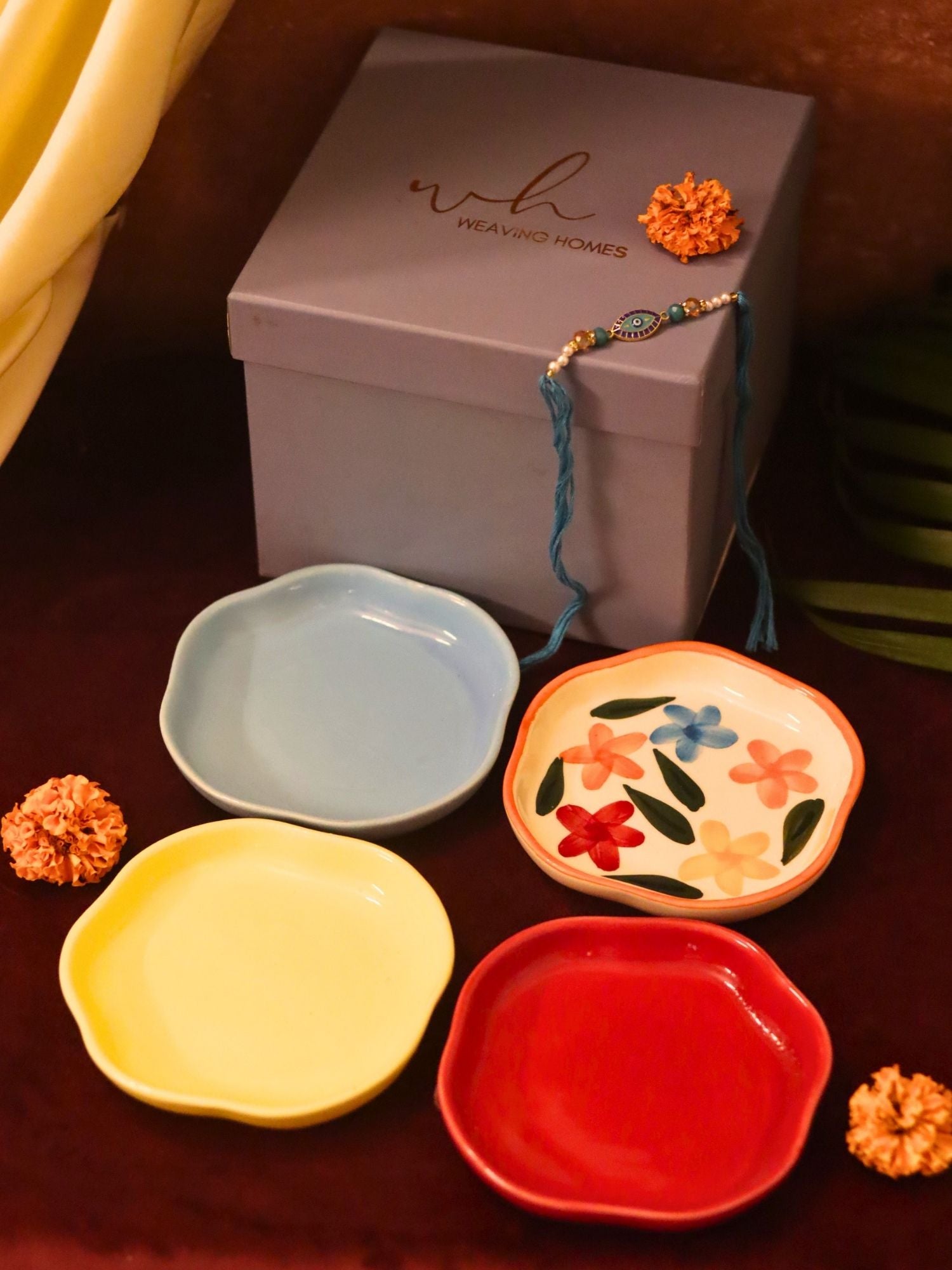 Set of 4 - Red, Brightday, Sunshine yellow & Ocean Blue handmade dessert plate combo Rakhi Gift box handmade in India
